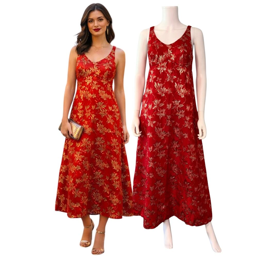 Asian Brocade A-Line Red Gold Maxi Dress Floral Sheath Formal Medium Vintage Y2K